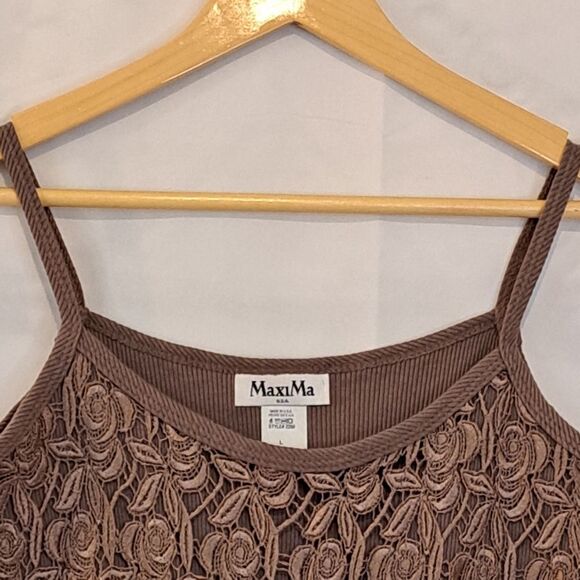 MaxiMa Y2K 90's Taupe Floral Eyelet Ribbed Spaghetti Top Size Large - Picture 3 of 13